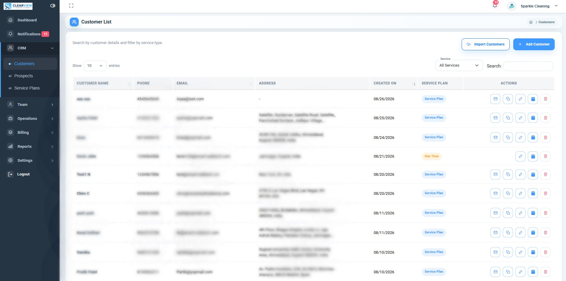 Customer list with contact details, addresses, and service plans using fictional demo data.