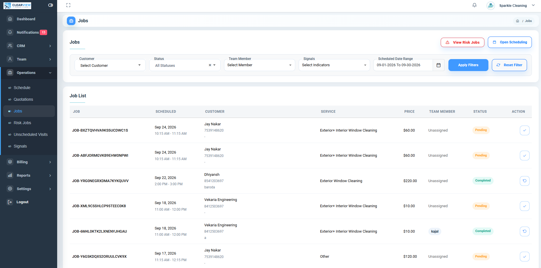 Jobs list with dates, services, crew assignments, and job status using demo data.